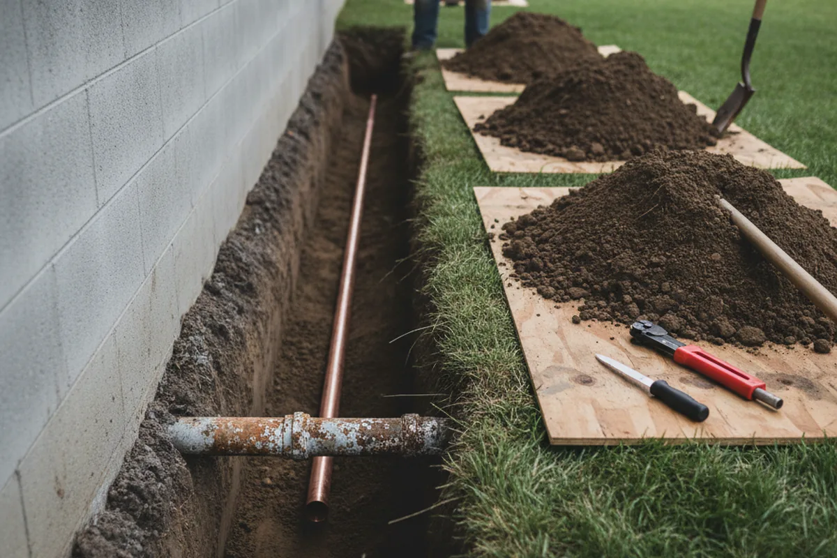 Excavated water line trench during Sewer Line Repair in Rio Nido